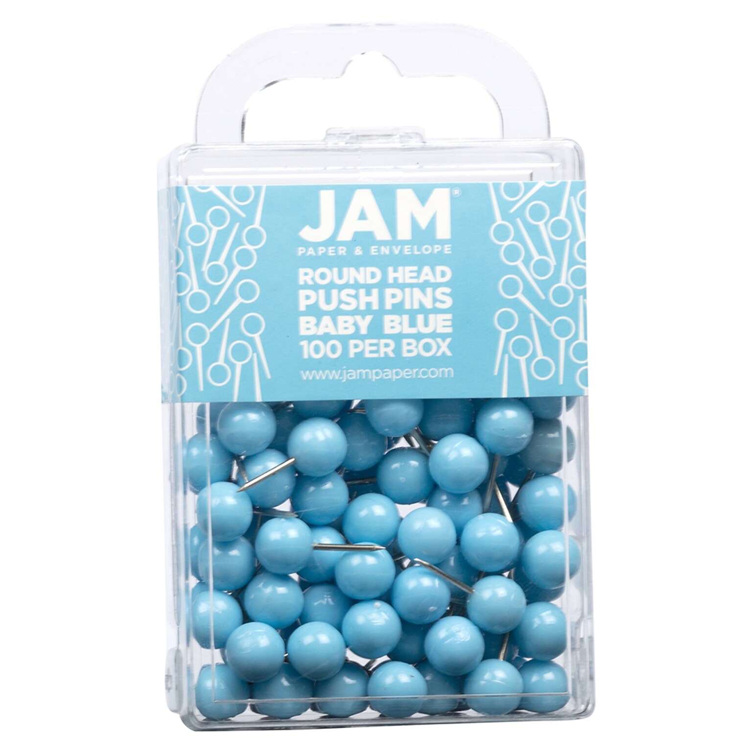 JAM PAPER Round Head Push Pins, Baby Blue, 100/Pack (346RTBABU)