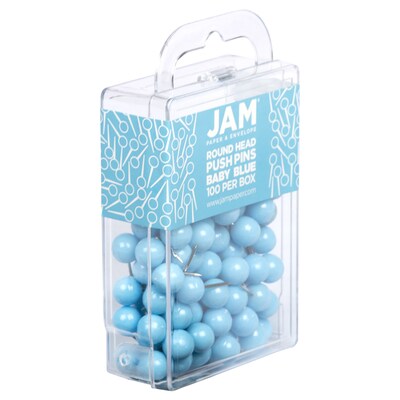 JAM PAPER Round Head Push Pins, Baby Blue, 100/Pack (346RTBABU)