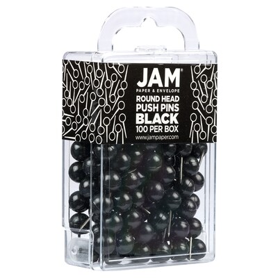 JAM PAPER Round Head Push Pins, Black, 100/Pack (346RTBL)