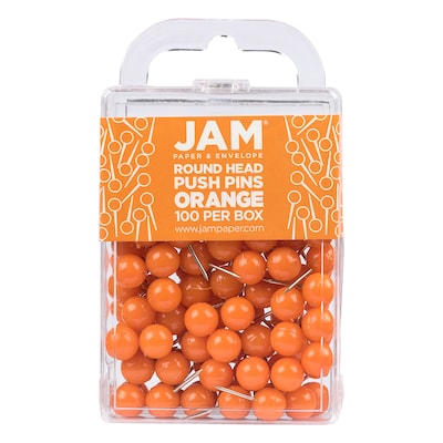 JAM PAPER Round Head Push Pins, Orange, 100/Pack (346RTOR)
