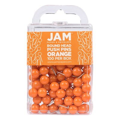 JAM PAPER Round Head Push Pins, Orange, 100/Pack (346RTOR)