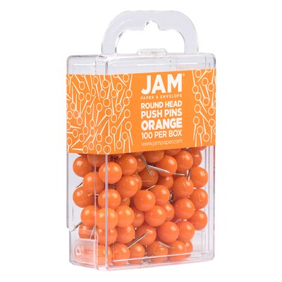 JAM PAPER Round Head Push Pins, Orange, 100/Pack (346RTOR)