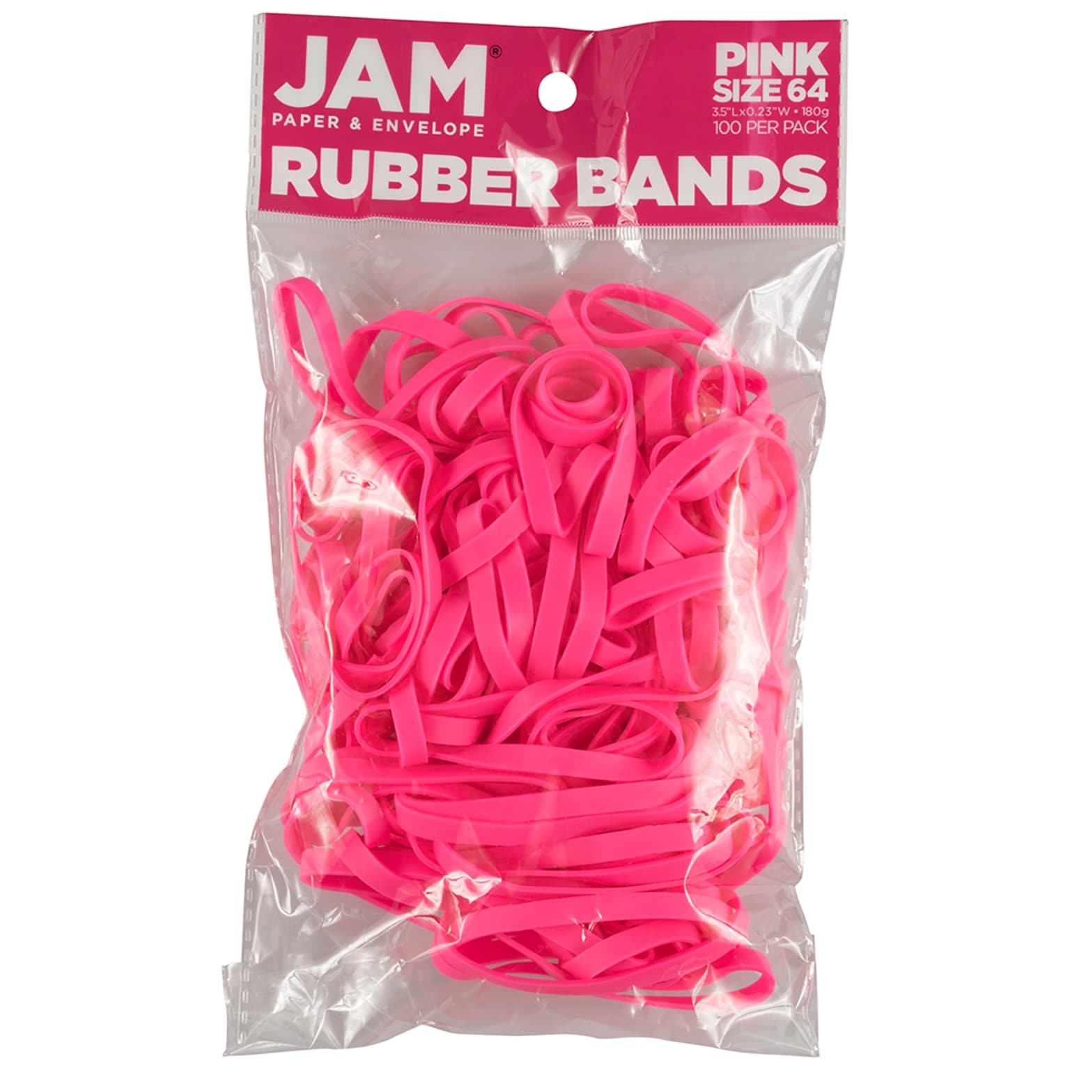 JAM Paper Multi-Purpose #64 Rubber Bands, 3.5 x .25, Latex Free, Pink, 100/Pack (33364RBPI)