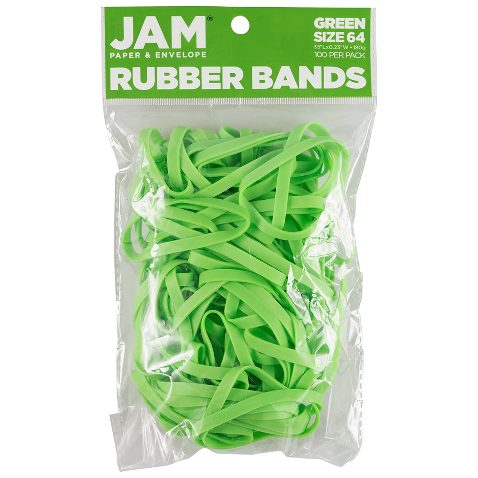 JAM Paper Multi-Purpose #64 Rubber Bands, 3.5 x .25, Non-Latex, Green, 100/Pack (33364RBGR)