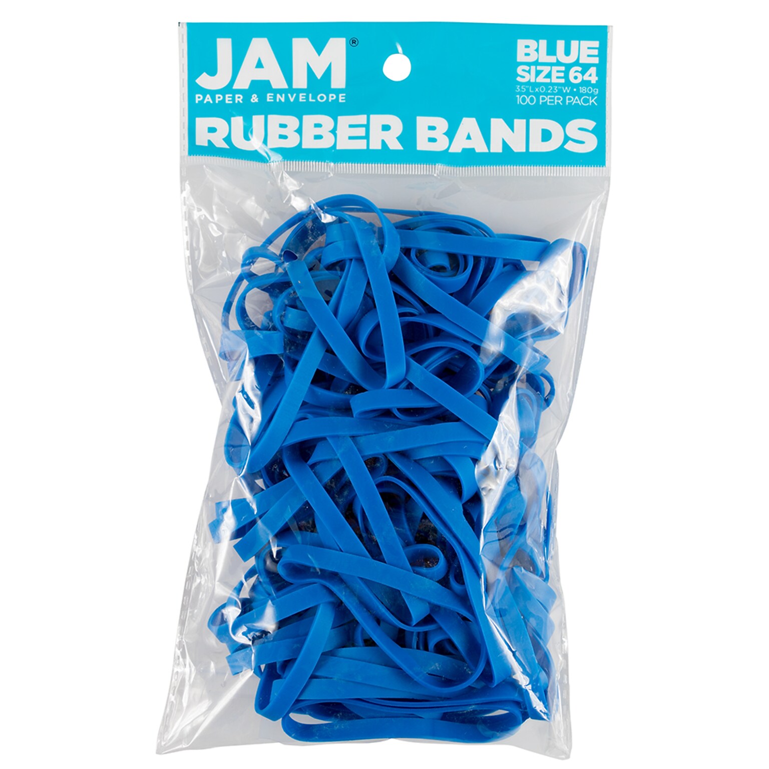 JAM Paper Multi-Purpose #64 Rubber Bands, 3.5 x .25, Non-Latex, Blue, 100/Pack (33364RBBU)