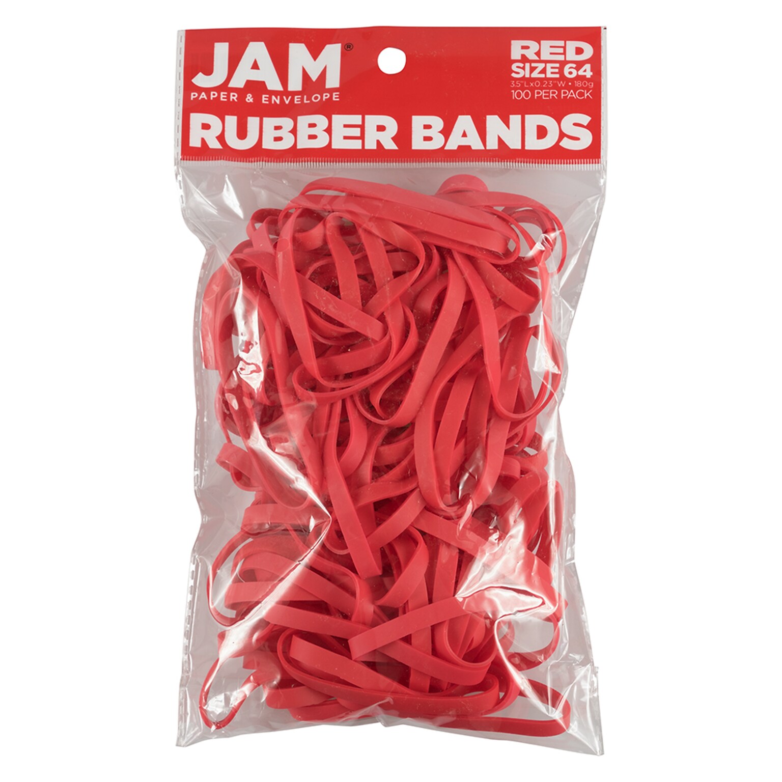 JAM PAPER Durable Multi-Purpose Rubber Bands, Size 64, Red, 100/Pack (33364RBREZ)