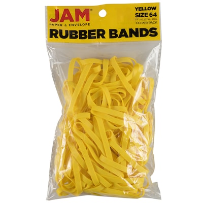 JAM Paper Multi-Purpose #64 Rubber Bands, 3.5 x .25, Latex Free, Yellow, 100/Pack (33364RBYE)