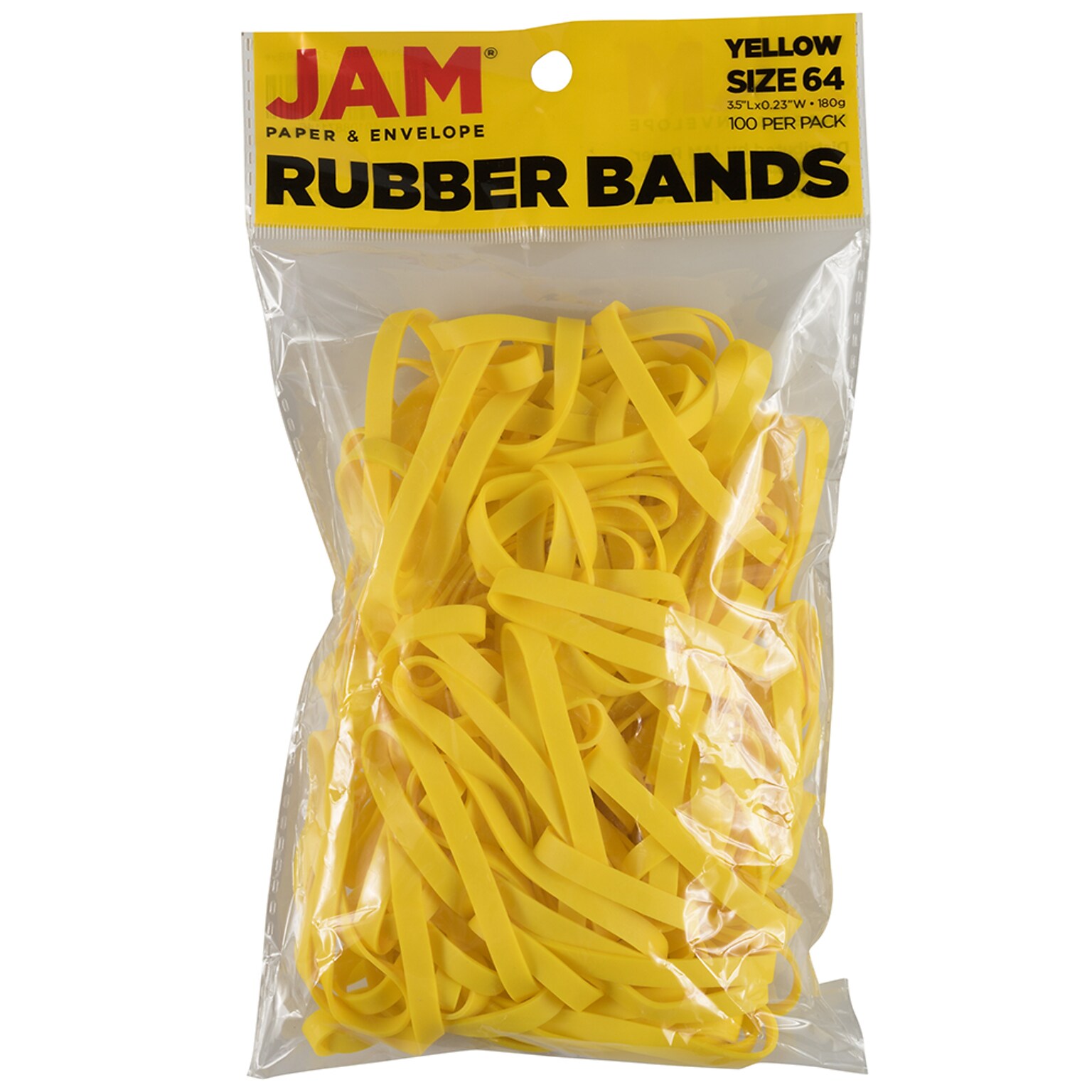 JAM Paper Multi-Purpose #64 Rubber Bands, 3.5 x .25, Latex Free, Yellow, 100/Pack (33364RBYE)