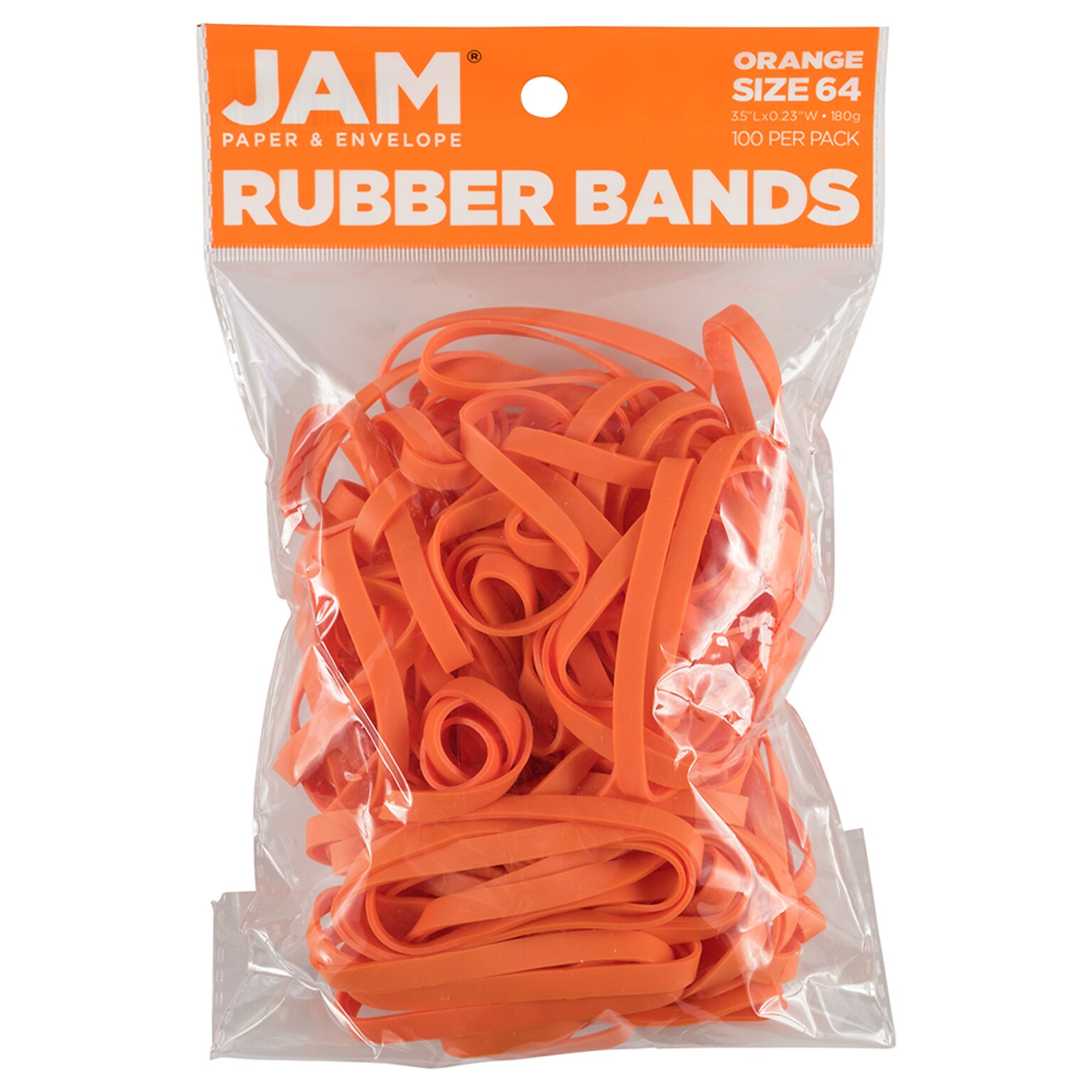 JAM Paper Multi-Purpose #64 Rubber Bands, 3.5 x .25, Non-Latex, Orange, 100/Pack (33364RBOR)