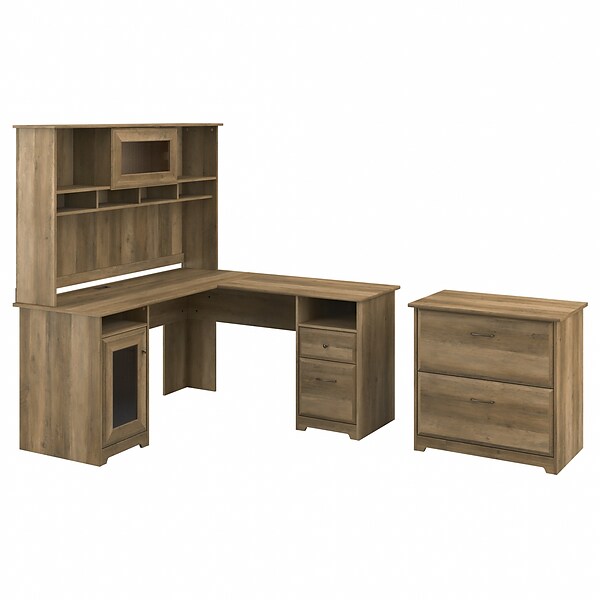 Bush Furniture Cabot 60 L-Shaped Desk with Hutch and Lateral File Cabinet, Reclaimed Pine (CAB005RCP)