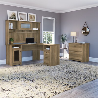 Bush Furniture Cabot 60" L-Shaped Desk with Hutch and Lateral File Cabinet, Reclaimed Pine (CAB005RCP)
