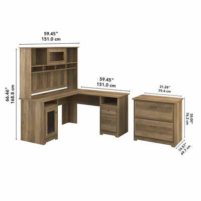 Bush Furniture Cabot 60" L-Shaped Desk with Hutch and Lateral File Cabinet, Reclaimed Pine (CAB005RCP)