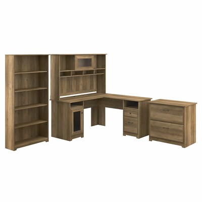 Bush Furniture Cabot 60" L-Shaped Desk with Hutch, 5-Shelf Bookcase, and Lateral File Cabinet, Reclaimed Pine (CAB010RCP)