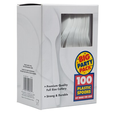JAM PAPER Big Party Pack of Premium Plastic Spoons, White, 100 Disposable Spoons/Box