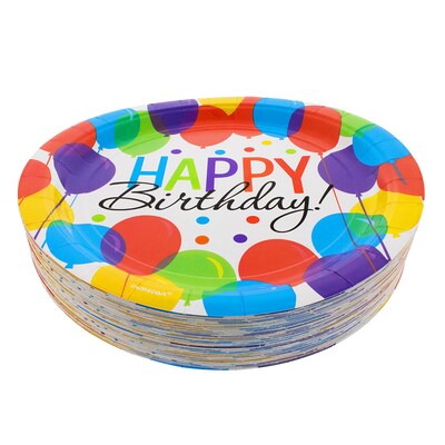 JAM PAPER Birthday Party Paper Plates, Large, 9", Balloon Bash Design, 60 Plates/Pack