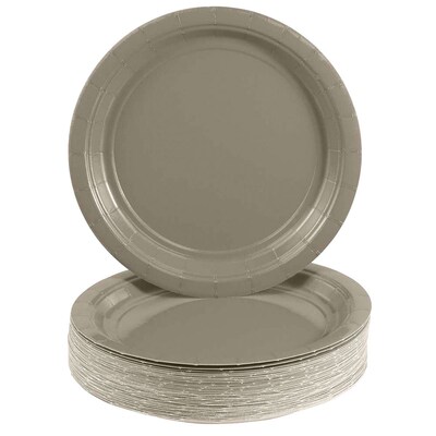 JAM PAPER Round Paper Party Plates, Small, 7 Inch, Silver, 50/pack