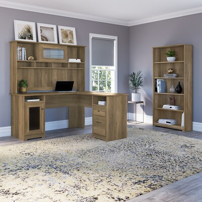 Bush Furniture Cabot 60"W L-Shaped Desk with Hutch and 5-Shelf Bookcase, Reclaimed Pine (CAB011RCP)