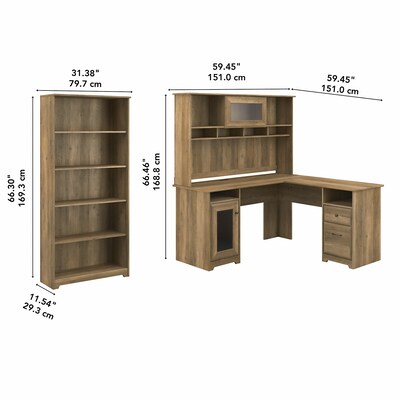 Bush Furniture Cabot 60"W L-Shaped Desk with Hutch and 5-Shelf Bookcase, Reclaimed Pine (CAB011RCP)