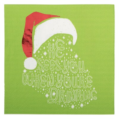 JAM PAPER Holiday Christmas Cocktail Napkins, 4 3/4 x 4 3/4, Green Santa Hat, 20/Pack