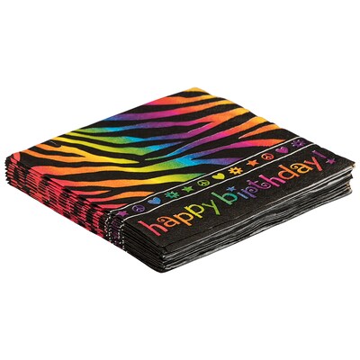 JAM PAPER Birthday Party Beverage Napkins, 5 x 5, Neon Stripes, 16 Napkins/Pack