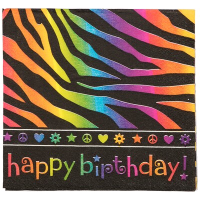 JAM PAPER Birthday Party Beverage Napkins, 5 x 5, Neon Stripes, 16 Napkins/Pack