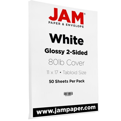 JAM Paper Glossy 2-Sided Tabloid Cardstock, 80 lb., 11" x 17", White, 50 Sheets/Pack (236937597)