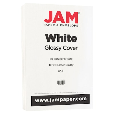 JAM Paper Glossy 1-Sided Cardstock, 80 lb., 8.5 x 11, White, 50 Sheets/Pack (1034702B)