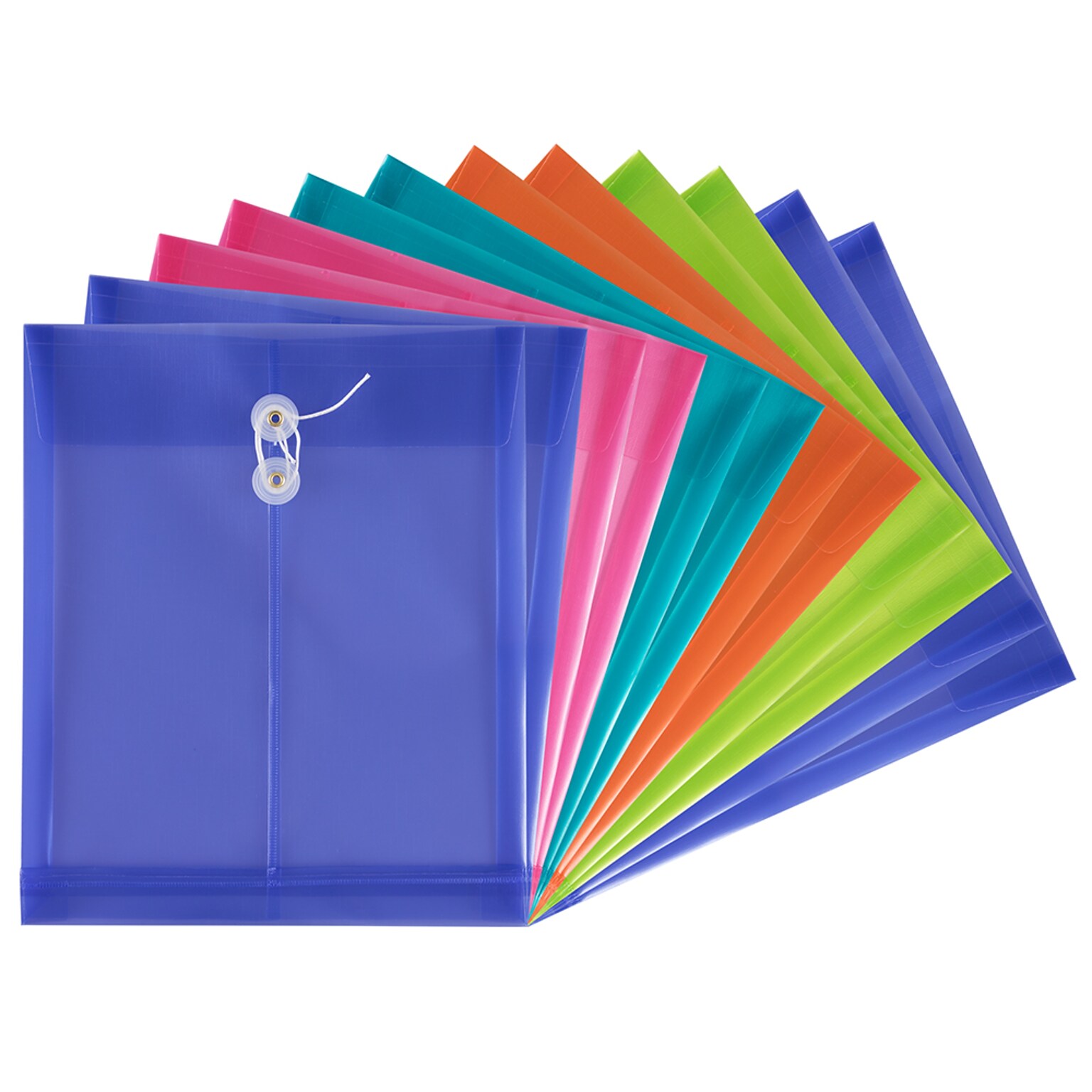 JAM Paper Open End Envelopes with Button & String Tie Closure, 9 3/4 x 11 3/4, Assorted Colors, 12/Pack (12438958)