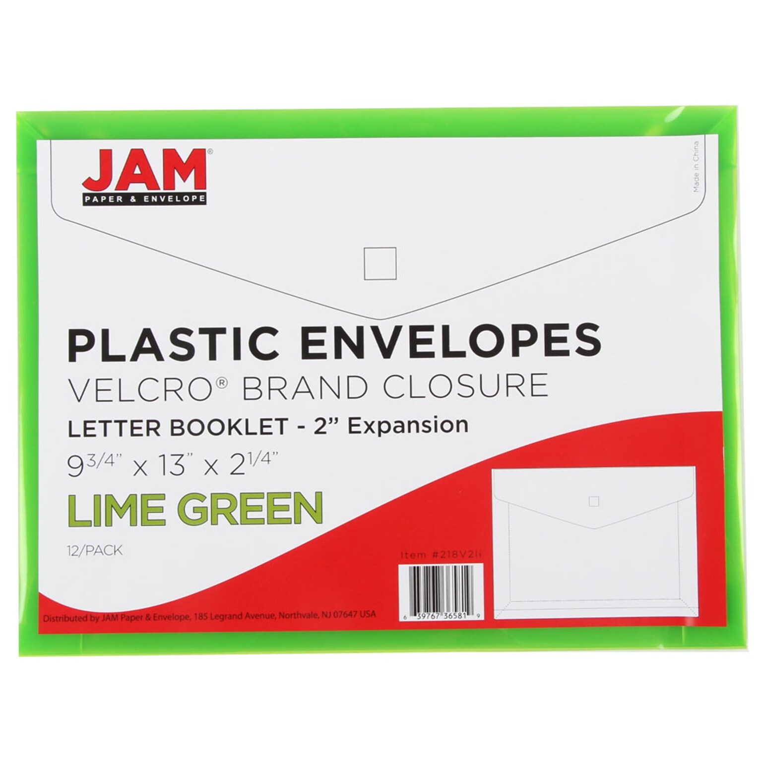 JAM Paper Expansion Envelopes with Hook & Loop Closure, 9 3/4 x 13, Lime Green, 12/Pack (218V2LIB)