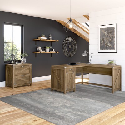 kathy ireland® Home by Bush Furniture Cottage Grove 60" L-Shaped Desk with Lateral File Cabinet, Reclaimed Pine (CGR004RCP)