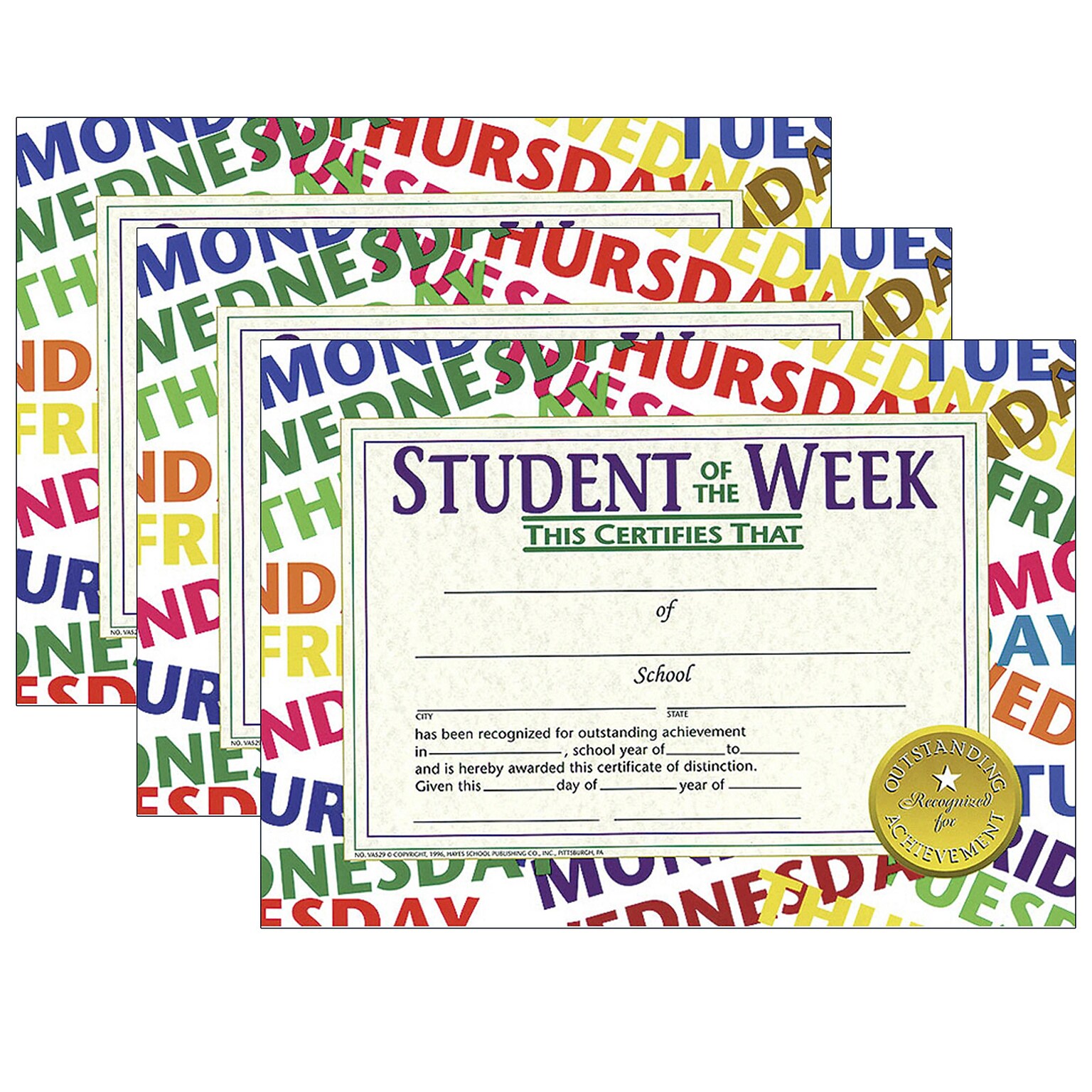 Hayes Publishing Student of the Week Certificate, 8.5 x 11, 30/Pack, 3 Packs (H-VA529-3)