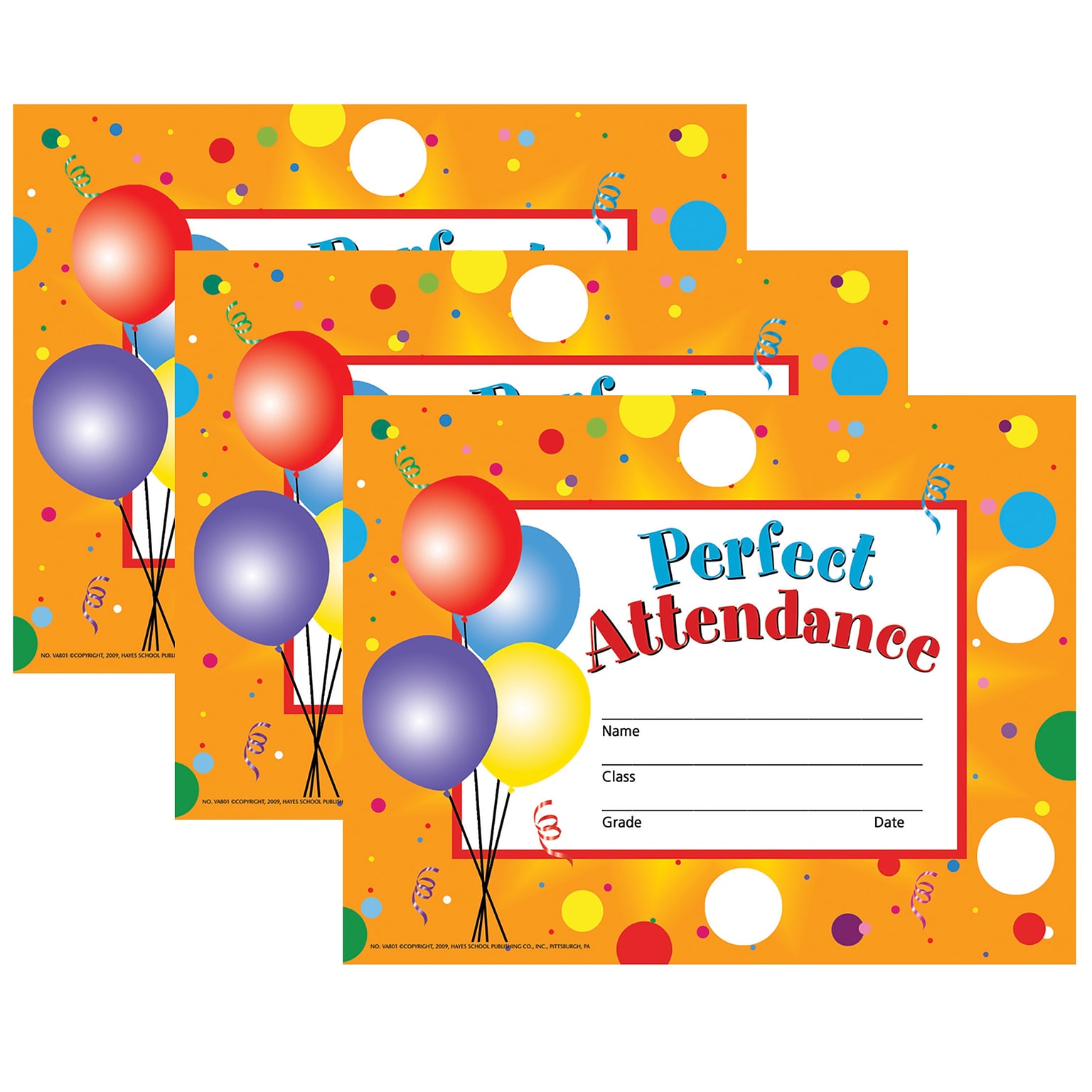 Hayes Publishing Perfect Attendance Certificates & Reward Seals, 30 Certificates & 160 Seals Per Set, 3 Sets (H-VA801-3)