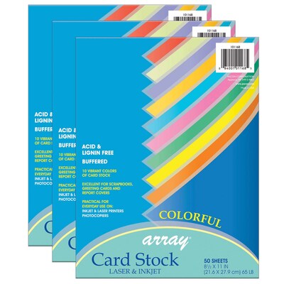 Pacon Array Card Stock, 65 lbs., 8.5 x 11, Assorted Colors, 50 Sheets/Pack, 3 Packs/Carton (PAC101