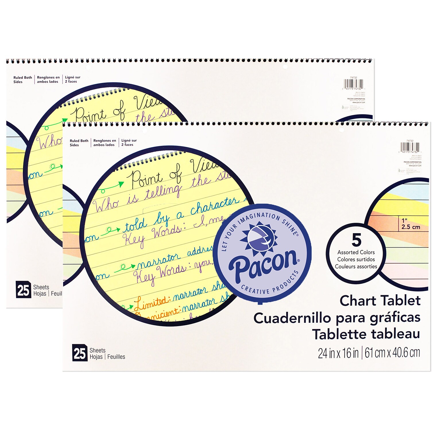 Pacon 1 Ruled Colored Paper Chart Tablet, 24 x 16, 25 Sheets Per Tablet, Pack of 2 (PAC74732-2)