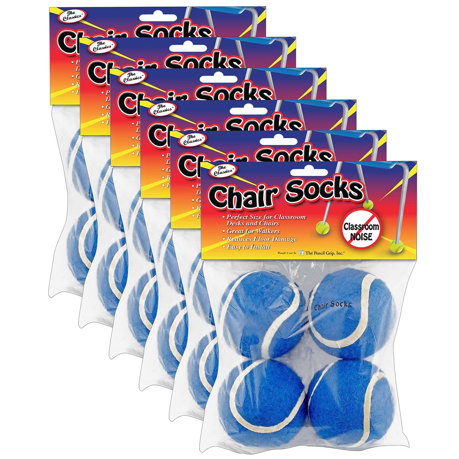 The Pencil Grip Nylon Felt/Rubber Chair Socks, Blue, 4 Per Pack, 6 Packs (TPG232-6)