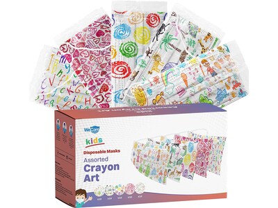 WeCare Disposable Face Masks, 3-Ply, Kids, Assorted Crayon Art Designs, 50/Box (WMN100116)