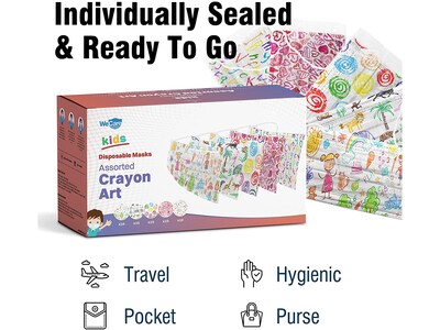 WeCare Disposable Face Masks, 3-Ply, Kids, Assorted Crayon Art Designs, 50/Box (WMN100116)