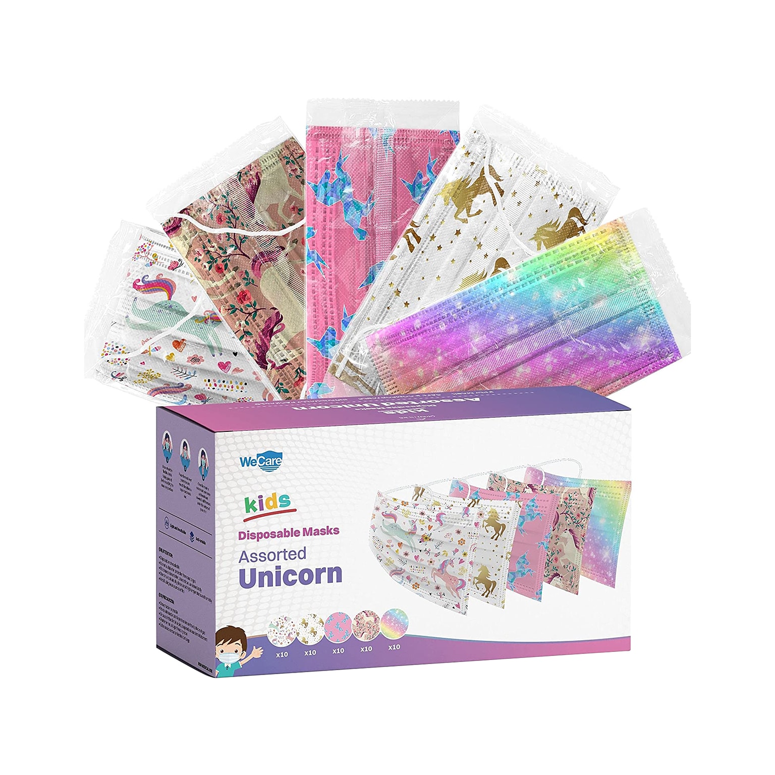 WeCare 3-ply Disposable Face Masks, Kids, Assorted Unicorn Designs, 50/Box (WMN100117)