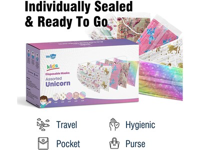 WeCare 3-ply Disposable Face Masks, Kids, Assorted Unicorn Designs, 50/Box (WMN100117)