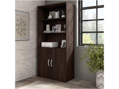 Bush Business Furniture Hybrid 73H 5-Shelf Bookcase with Doors, Black Walnut Laminated Wood (HYB024