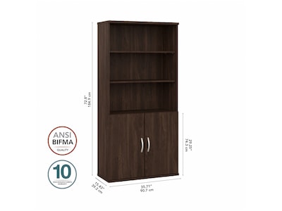 Bush Business Furniture Hybrid 73"H 5-Shelf Bookcase with Doors, Black Walnut Laminated Wood (HYB024BW)