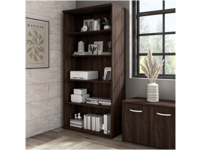 Bush Business Furniture Hybrid 73"H 5-Shelf Bookcase with Adjustable Shelves, Black Walnut Laminated Wood (HYB136BW-Z)