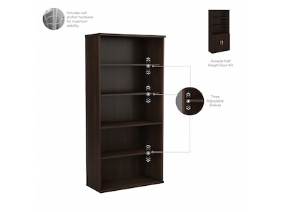 Bush Business Furniture Hybrid 73"H 5-Shelf Bookcase with Adjustable Shelves, Black Walnut Laminated Wood (HYB136BW-Z)