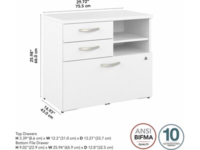 Bush Business Furniture Hybrid 26" Office Storage Cabinet with Drawers and 2 Shelves, White (HYF130WHSU-Z)
