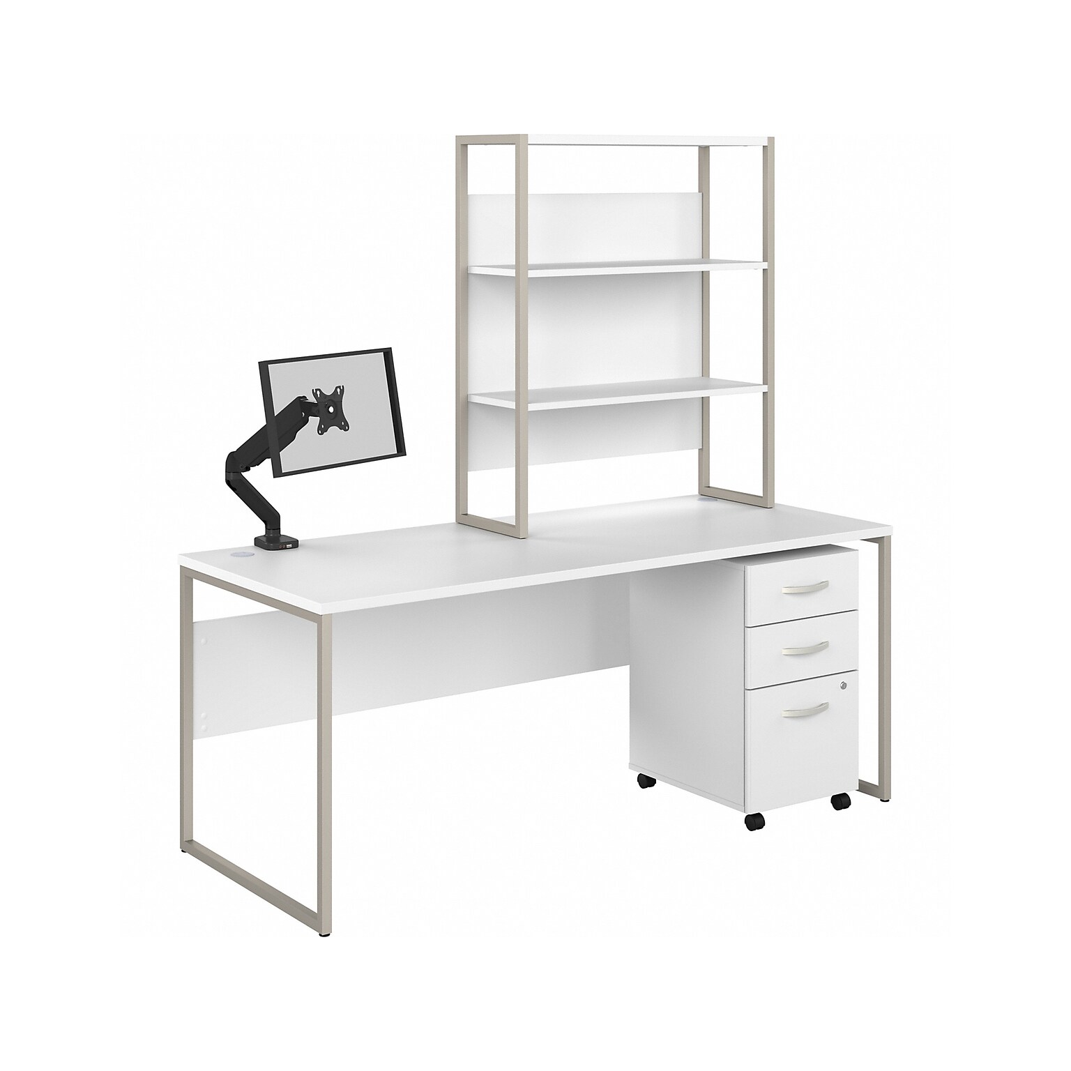 Bush Business Furniture Hybrid 72 W Computer Desk with Hutch, Mobile File Cabinet and Monitor Arm Bundle, White (HYB019WHSU)