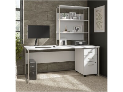 Bush Business Furniture Hybrid 72" W Computer Desk with Hutch, Mobile File Cabinet and Monitor Arm Bundle, White (HYB019WHSU)