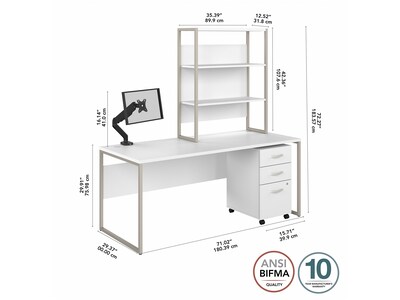 Bush Business Furniture Hybrid 72" W Computer Desk with Hutch, Mobile File Cabinet and Monitor Arm Bundle, White (HYB019WHSU)