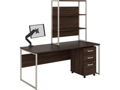 Bush Business Furniture Hybrid 72 W Computer Desk. Hutch, Mobile File Cabinet + Monitor Arm Bundle, Black Walnut (HYB019BWSU)