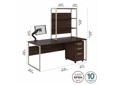 Bush Business Furniture Hybrid 72" W Computer Desk. Hutch, Mobile File Cabinet + Monitor Arm Bundle, Black Walnut (HYB019BWSU)