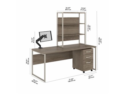 Bush Business Furniture Hybrid 72" W Computer Desk, Hutch, Mobile File Cabinet + Monitor Arm Bundle, Modern Hickory (HYB019MHSU)